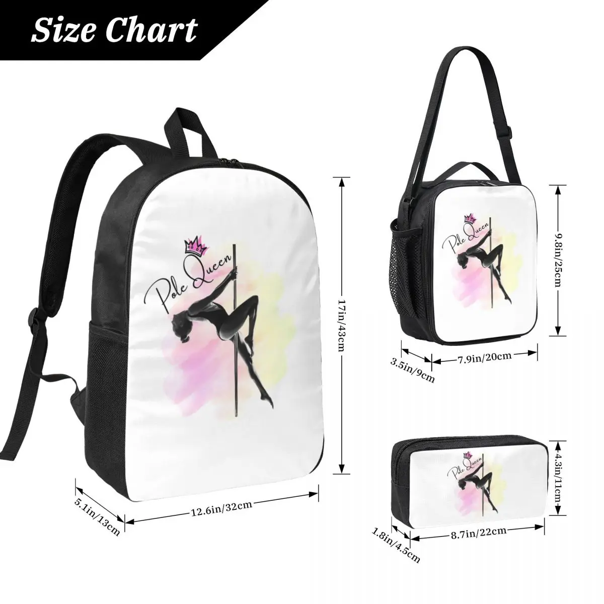 Pole Queen, Pole Dance Backpack Boys Girls BookBag School Bag Computer Shoulder Bags 3ps Insulated Lunch Bag Pencil Case