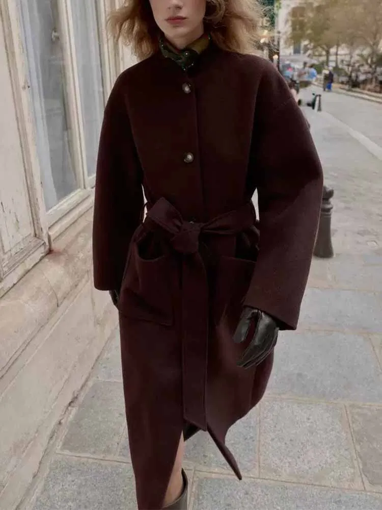 

Зимние новые поступления в европейском и американском стиле, модная и простая женская одежда для поездок на работу, универсальное длинное пальто с поясом