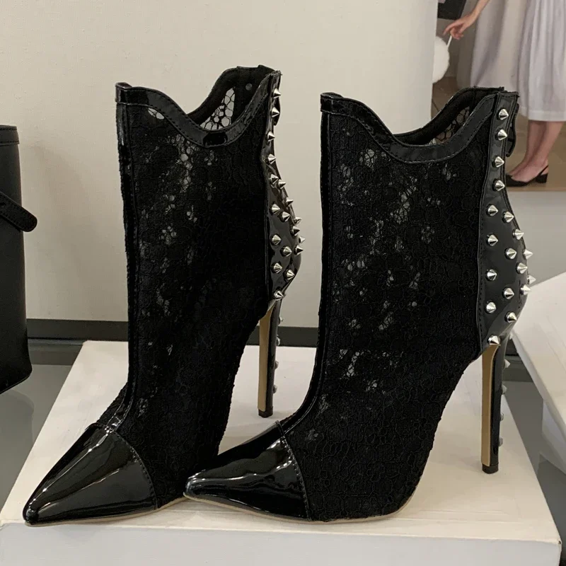 Aneikeh الصيف مثير رقيقة عالية الكعب حذاء من الجلد الصنادل تصميم برشام شبكة زهرة أشار تو المرأة موضة متجرد أحذية الحفلة الراقصة