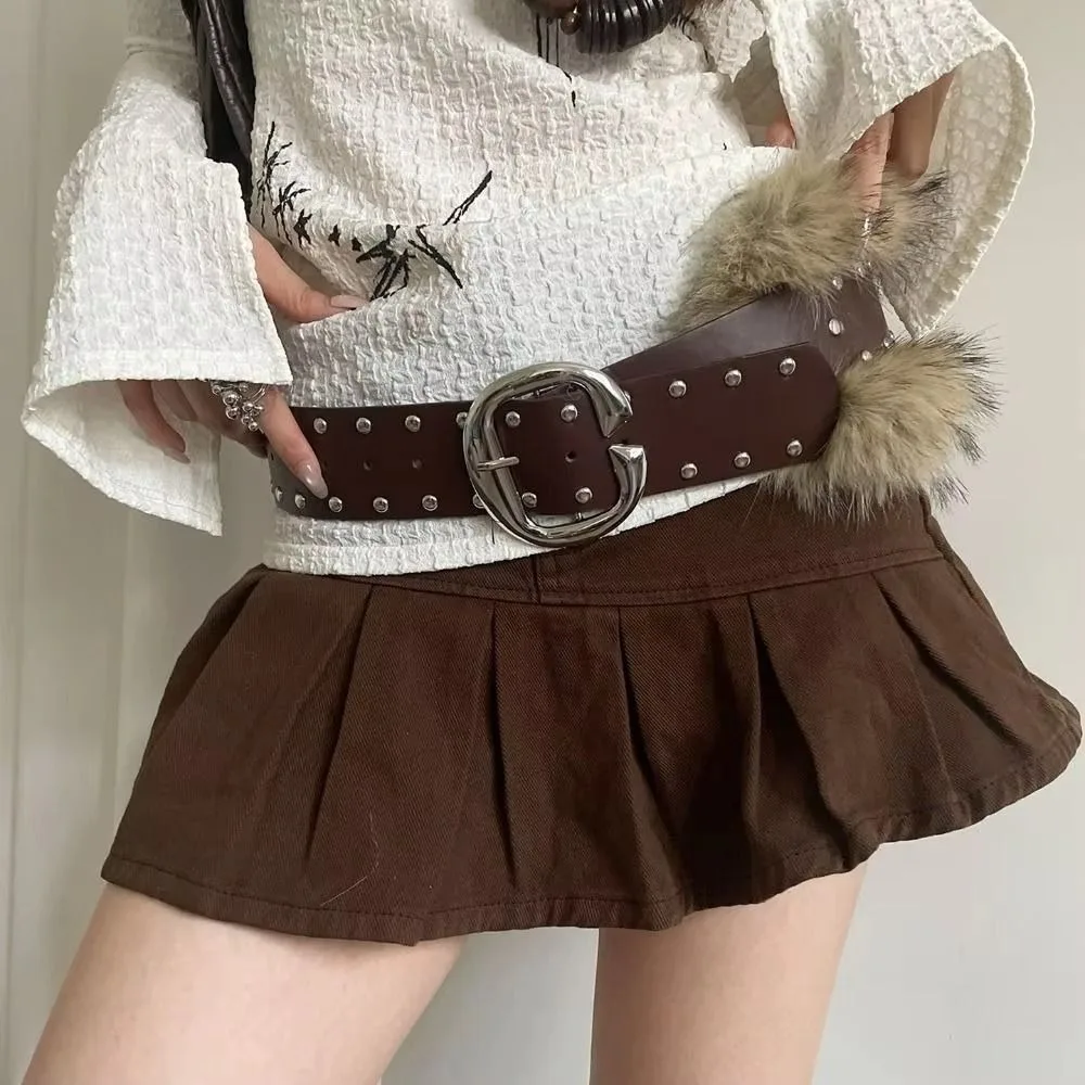 

Fashion Rivet Women's Wide Belt Leather Punk Style Belt Faux Fur Patchwork Y2K Waist Belt Skirt