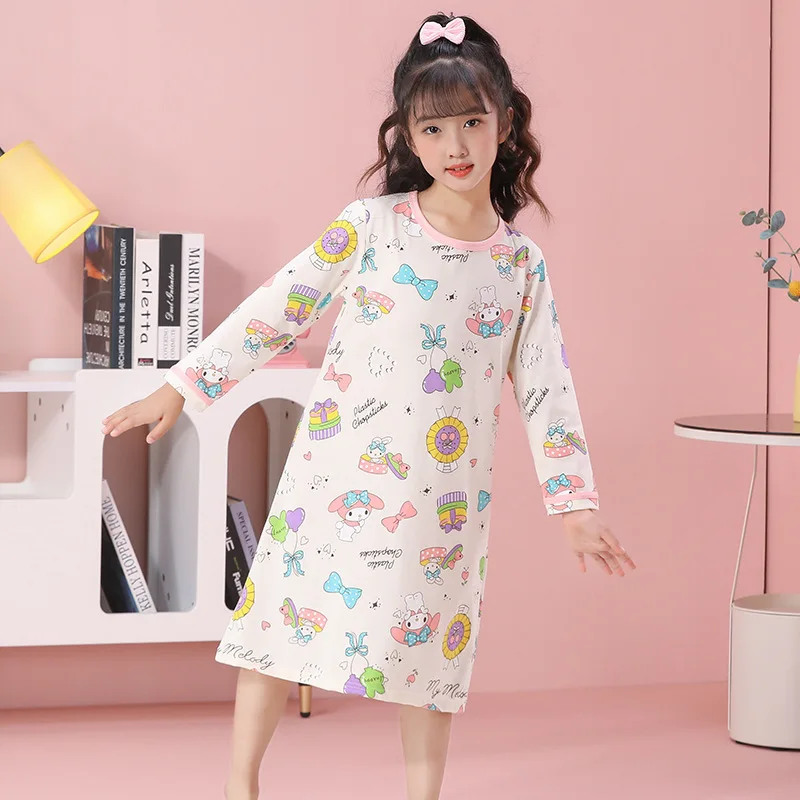 Cartoon Dress Hello Kitty My Melody Kuromi Cinnamoroll Spring Autumn Child Pajamas Cute Girl Long Sleeves Nightdress Homewear - view 3
