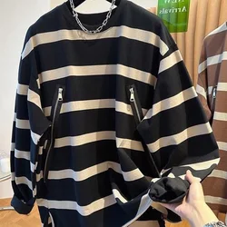 Spring Autumn Oversized Irregular Zipper Striped Sweatshirts Femme Long Sleeve All-match Loose O-neck Top Tee Trend Pullovers