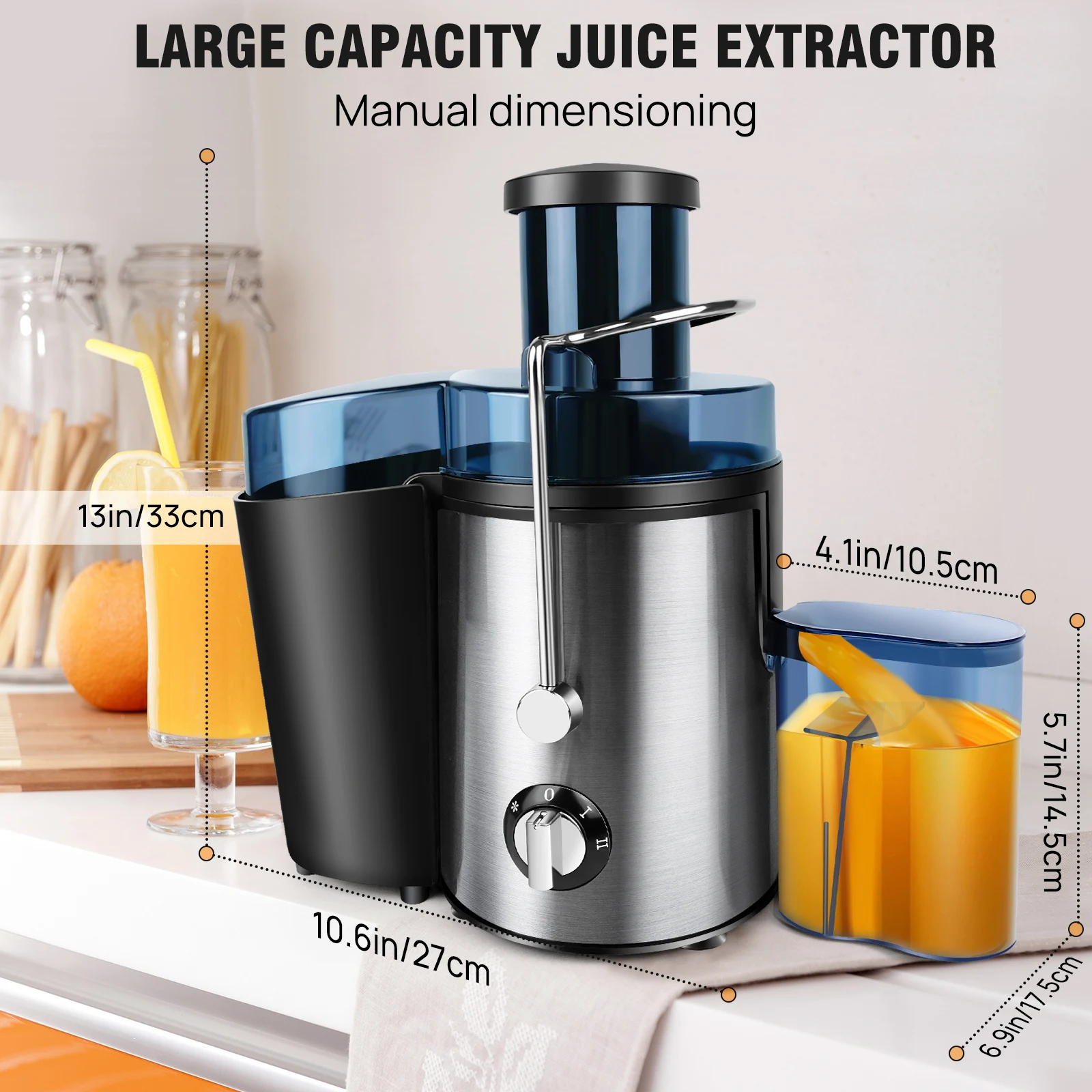 BRIEFNESS Juicer Centrifugal Juicer Machines Whole Fruit Vegetable 500W 65mm Wide Mouth 2 Speed 500ml Efficient Juice Maker