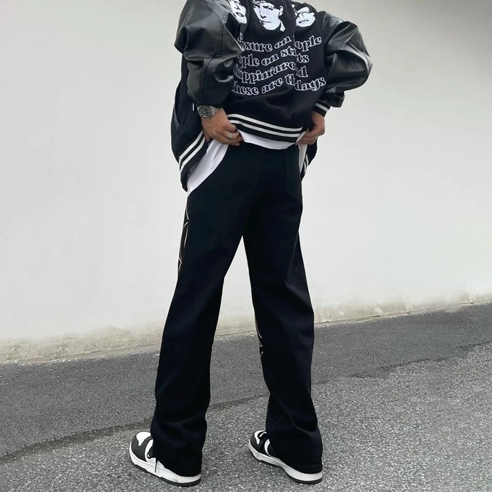 Embroidery Spider Web Straight Casual Jeans Pants Men Vibe Style Ripped Oversize Loose Denim Trousers Streetwear