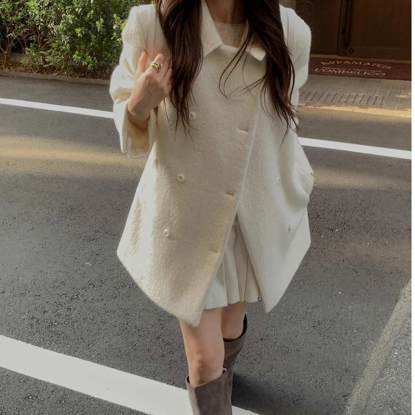 

Women's Autumn Winter Loose Fit Woolen Coat Chic Korean Sle White Coat Long Sve Double Breasted Pure Color Commute