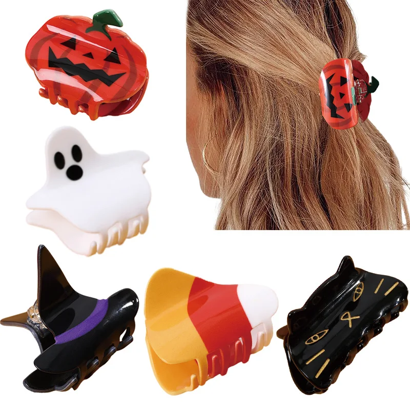 ncmama Halloween Hair Claw Clips For Women Girls Cute Cat Pumpkin Ghost Witch Hat Hair Crab Clamp Lady Headwear Hair Accessories