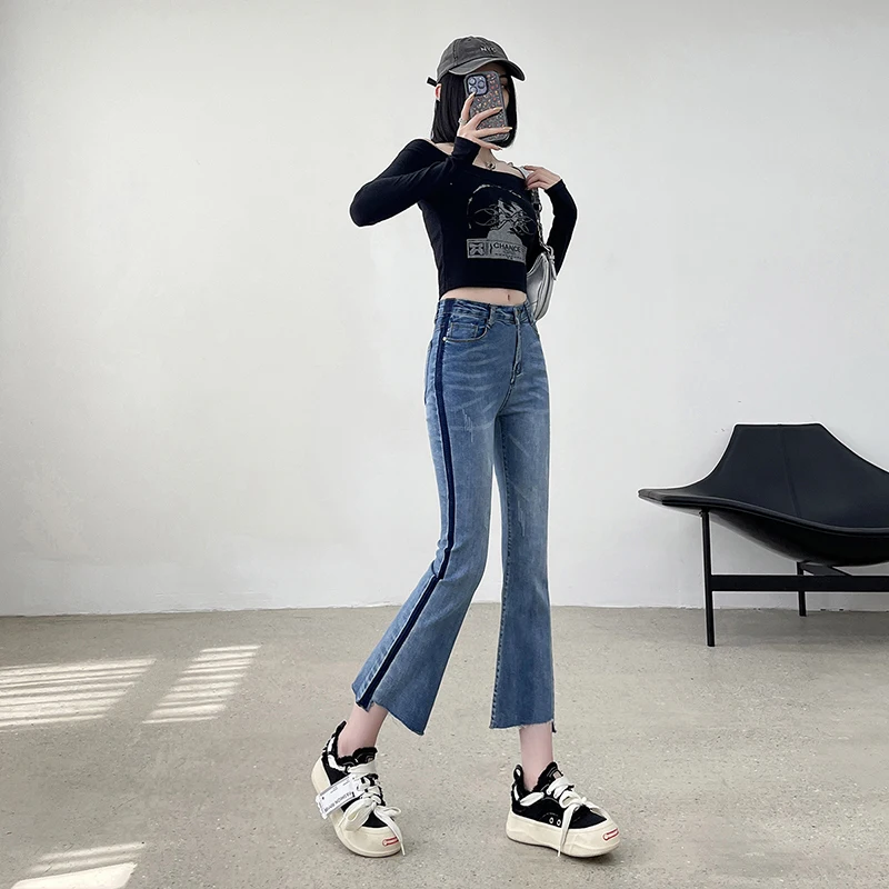 

Girls Fashion High Waisted Jeans Woman Clothing Ladies Casual Streetwear Lim-Fit Denim Trousers Female Bell-bottoms BVy928