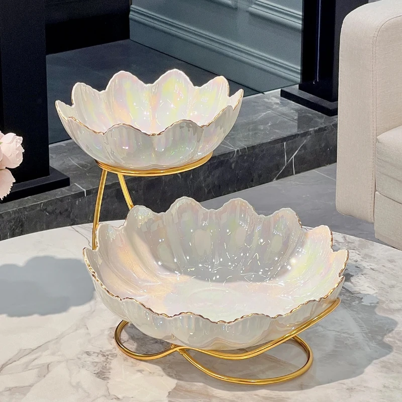 ‌European  Fruit Tray, Snack Stand for Living Room, Elegant Dessert Plate, Multi-Layer Candy Dish, Porcelain Bowl with Handle