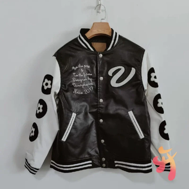 Winter Black Vandythepink Jackets Embroidered Letter Print Baseball Jersey Street Patchwork Sleeves PU Leather Coats Men Women