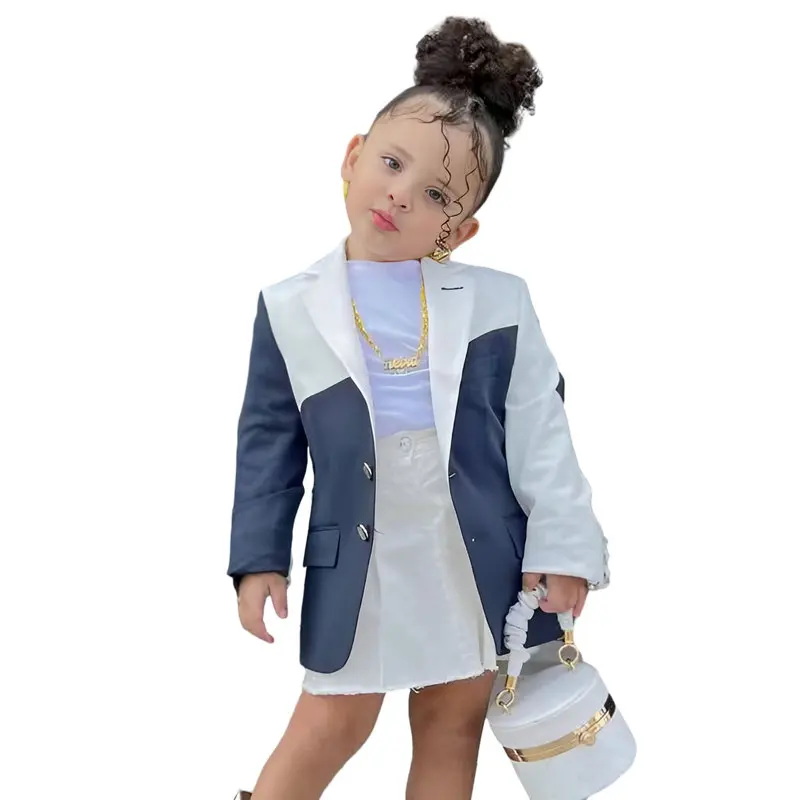 1-8years Kids Children\'s Girls Blazers Coat Autumn Winter Clothes Blue White Pathwork Single Button Jacket Outerwear Clothing