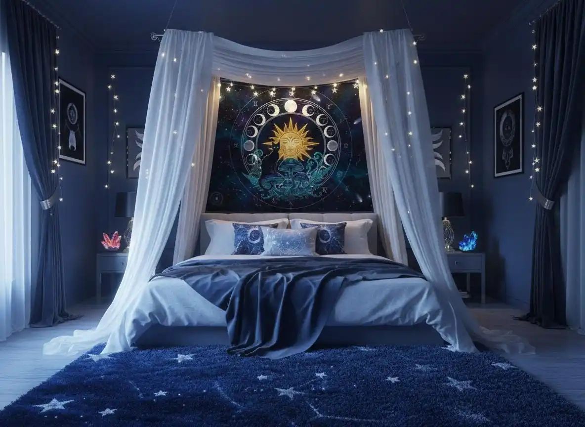 VIKAMA Moon Phase Black Cat Mushroom Tapestry Mysterious Witch Wind Background Cloth Starry Sky Constellation Room Decoration