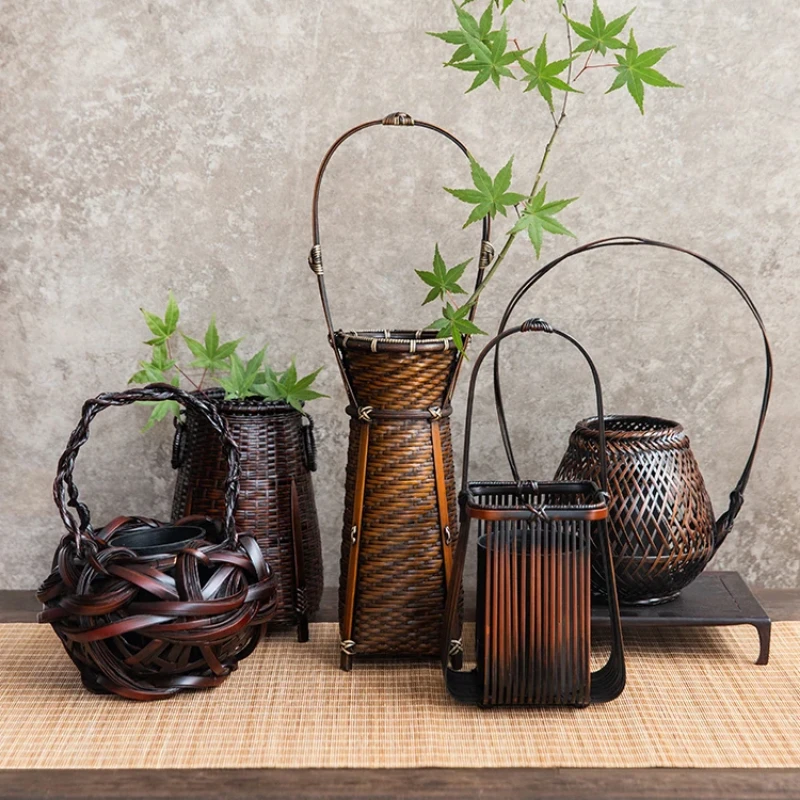 

Chinese Zen Plant Vase Handwoven Bamboo Basket for Flower Arrangements Decorative Vessel with Inner Tank for Home