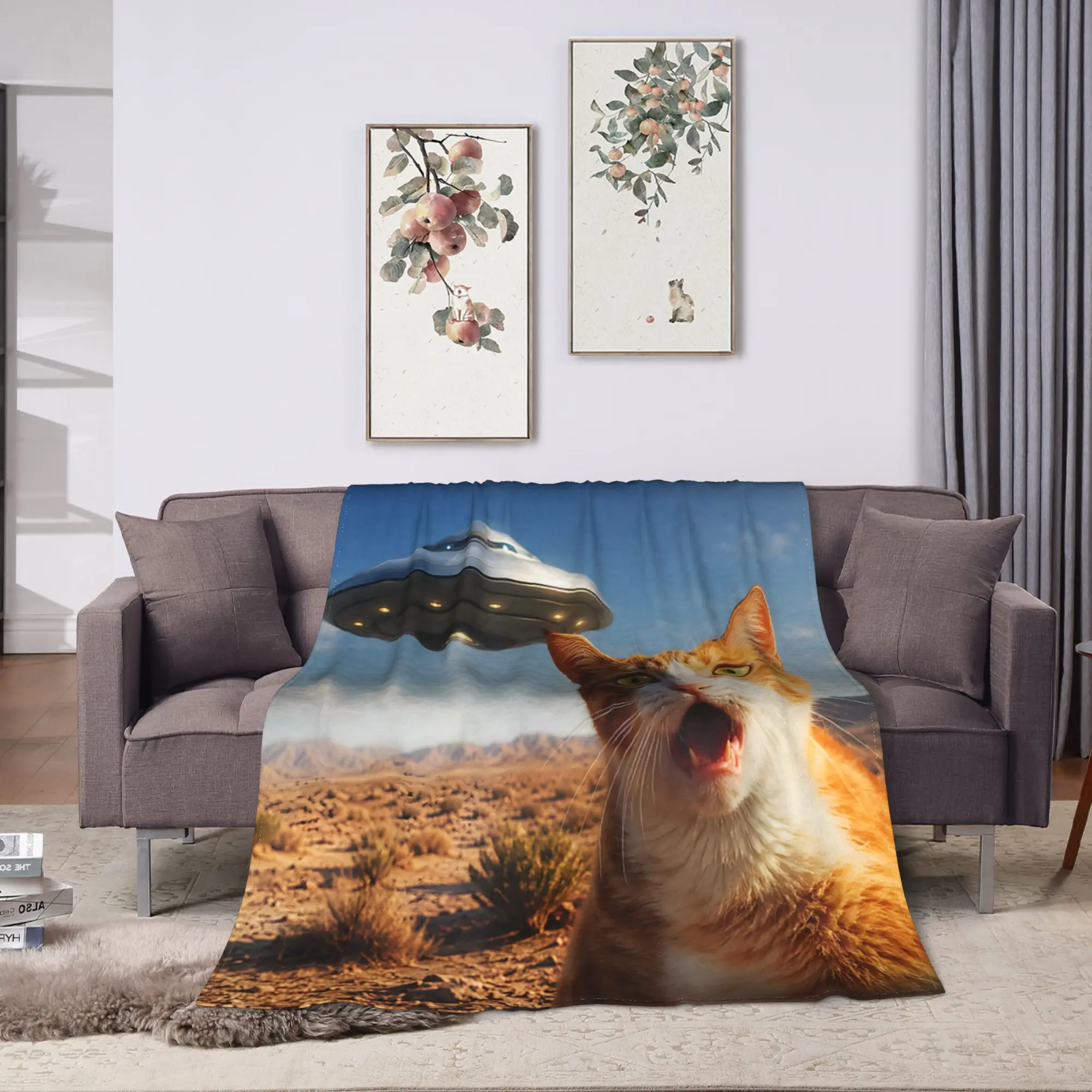 Funny Shocked Cat UFO Desert Encounter Flannel Blanket Autumn Soft Bedding Throws for Students Home Decor Bedspread Bed Cover