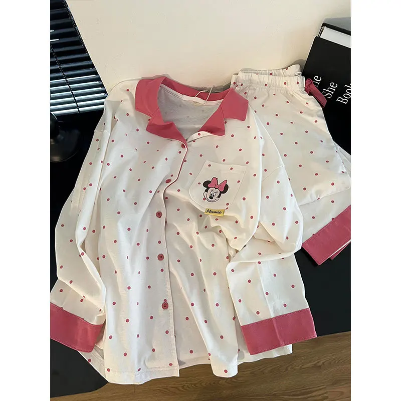 Pink Minnie Mouse Pajamas Girls Kawai Pink Polka Point Home Clothes Set Long Sleeves Sleepwear Casual Loungewear Nightgown