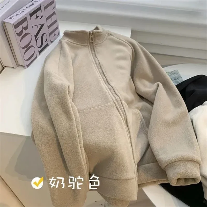 Winter dicke Fleece jacke Damenmode Stehkragen Langarm All-Match-Sweatshirt bf lose Streetwear warme Reiß verschluss Oberbekleidung