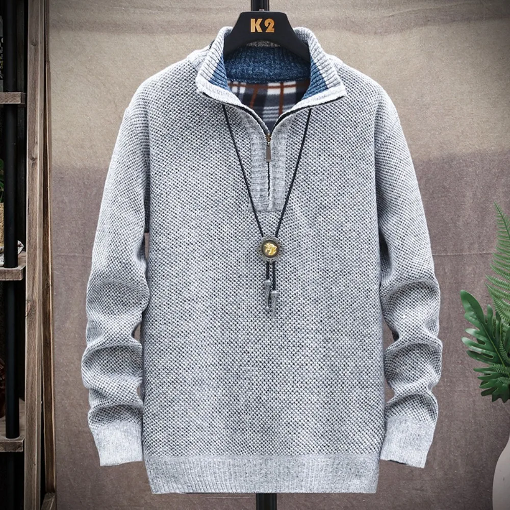 

New Fleece Men's Large Size Half Turtleneck Sweater Men's Zipper Knit Sweater Slim Fit Casual Pullover Fall Winter Men