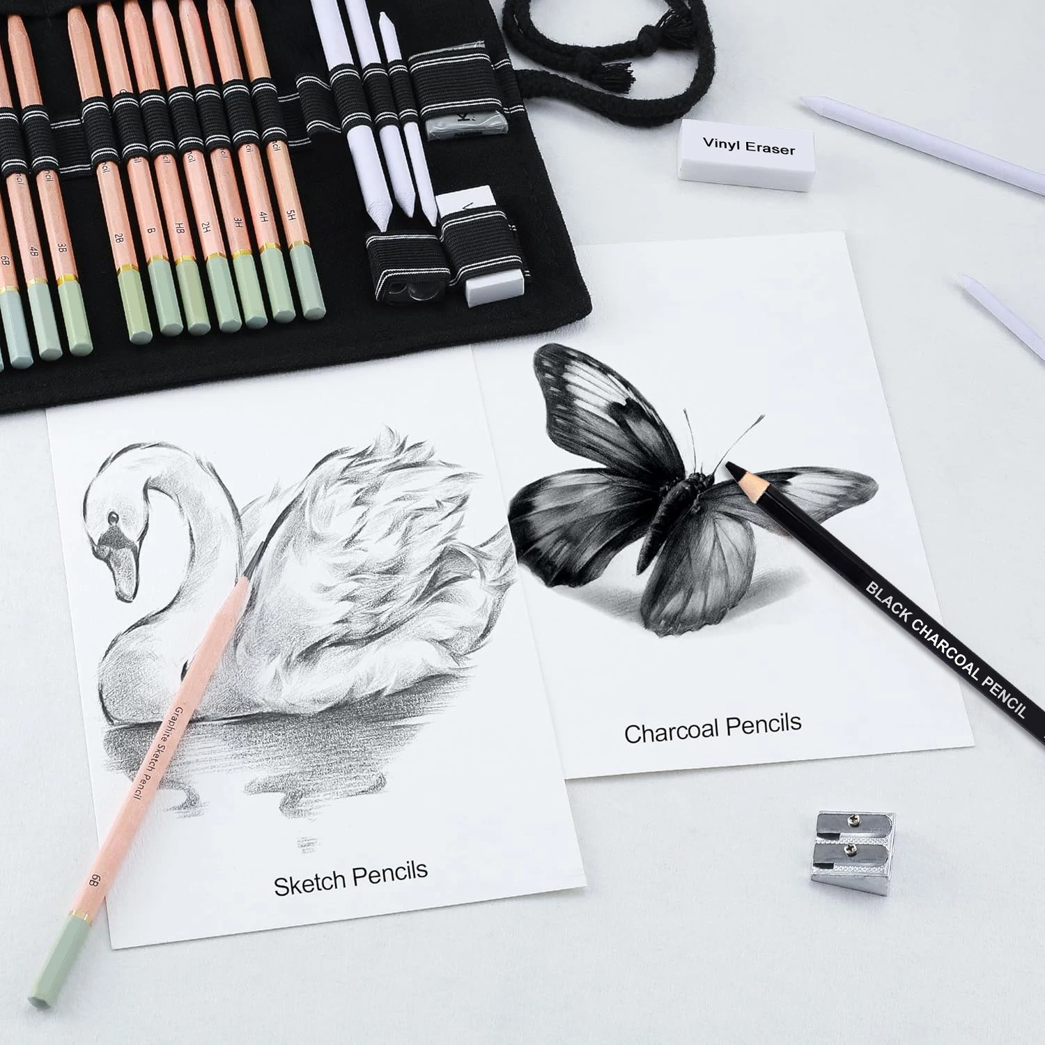 مجموعة 29 قلم رسم احترافي مع علبة نايلون قابلة للطي - 14 قلم رصاص جرافيت (14B-5H)، أقلام فحمية، ممحاة، جذوع إلخ #2