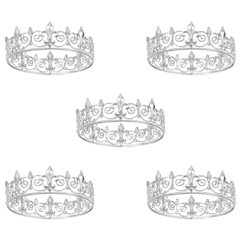 

5X Royal King Crown For Men - Metal Prince Crowns And Tiaras, Full Round Birthday Party Hats,Medieval (Silver Colour)