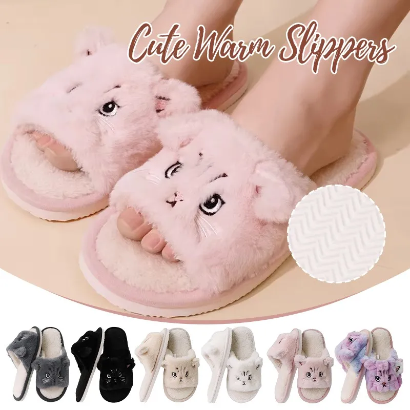 

Cartoon Cat Home Slippers for Women Winter Warm Plush Indoor Slippers Soft Thick Sole Cute Embroidery Home Shoes New