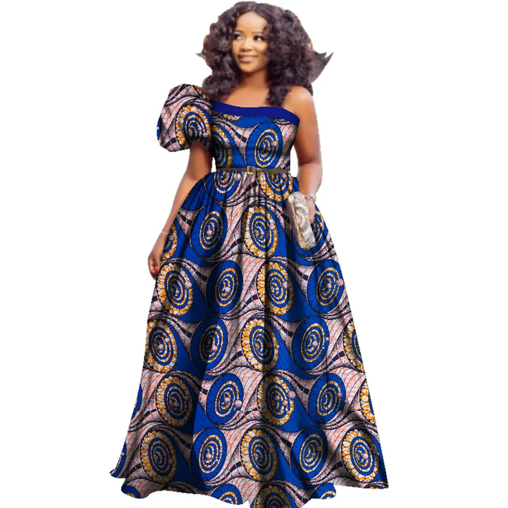 Bintarealwax Fashion African Dresses for Women One Shoulder High Waist Big Hem Party Dresses African Long Maxi Dresses WY2425