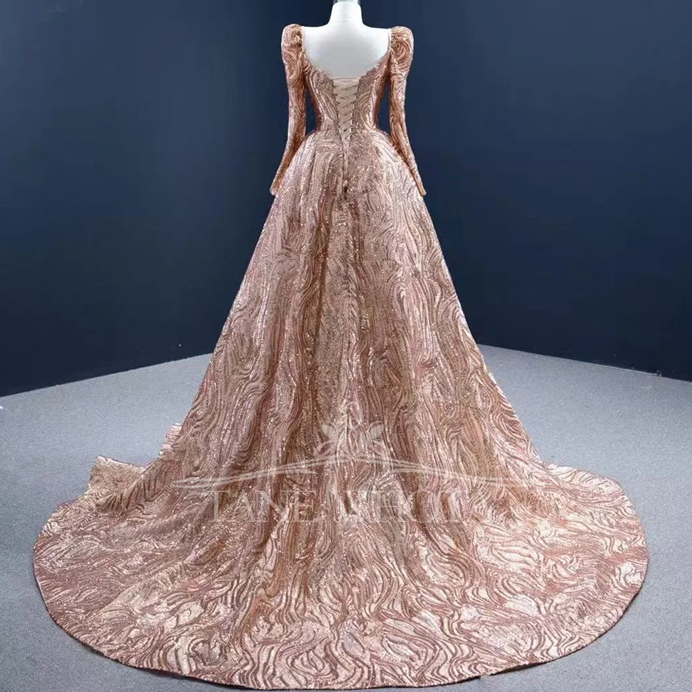 Vestido de fiesta de lujo para mujer, escote en forma de corazón de cristal con lentejuelas, manga larga, con cordones en la espalda, sirena de noche dorada personalizada