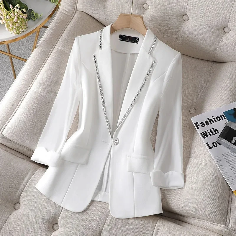 Diamant verkrusteter Blazer 2023 Frühling und Sommer neue Dreiviertel-Ärmel High-End-Design Mode weiße Anzug jacke schwarzer Blouser