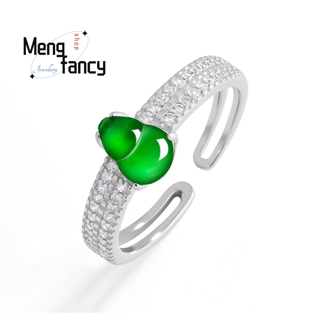 

S925 Silver Inlaid Natural A-Grade Jadeite Gourd Green Ice Type Jade Ring, Fashionable Ring For Women, Opening Best Selling