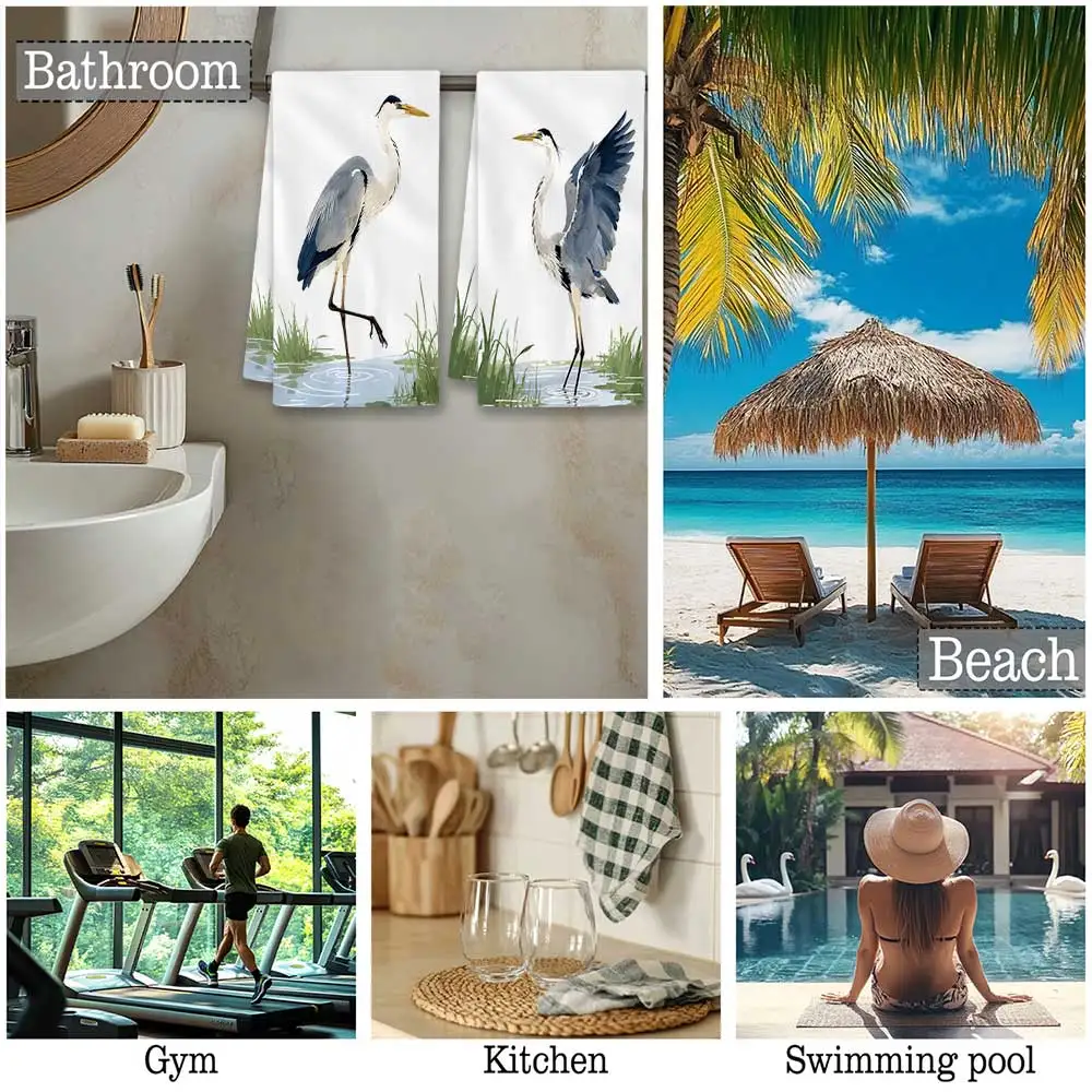 Jit 2pcs Watercolor Heron Bird Reed Lake Pattern Dish Towels For Home Kitchen Nature Coastal Decor