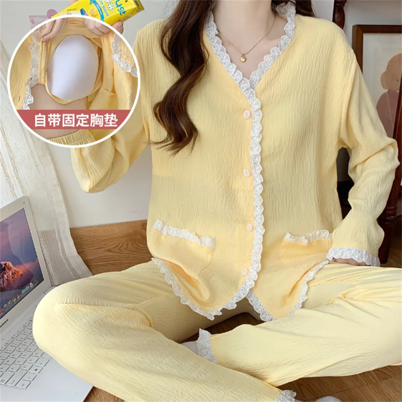 Pyjama Pour Femme Bra Pad Long Sleeve V Neck Cardigan Pant Set Buttons Elegant 2 Pieces Pajamas Women Outfit Casual Sleepwear