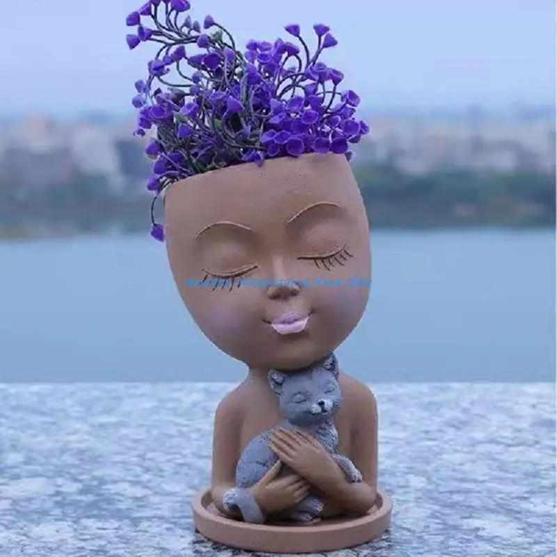 

E56A Silicone Mold for Succulent Plant Pots Mini Garden Statues Boy and Puppy Flower Pot Mold Unique Pen Holder Resin Molds