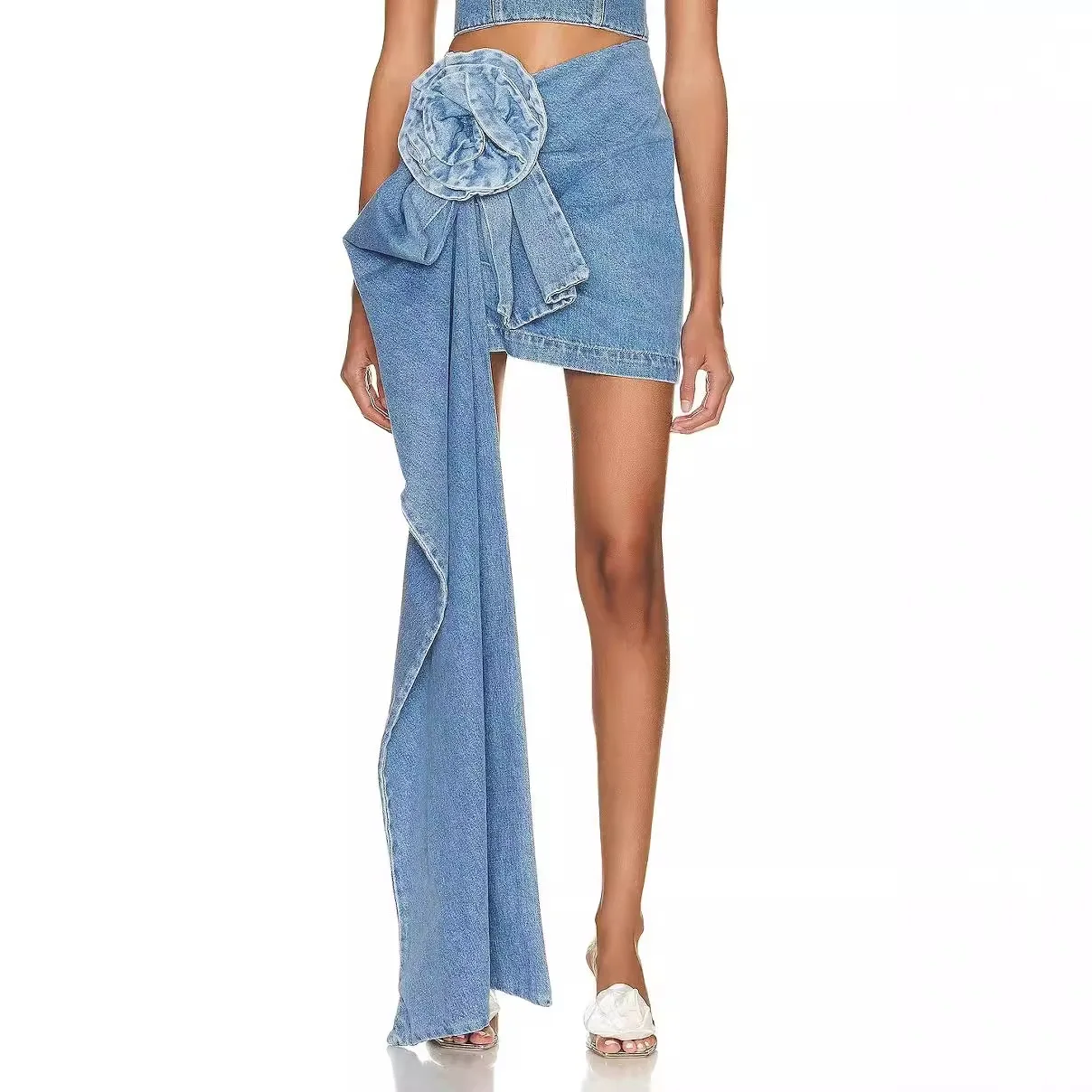 

Women Runway New Mini Denim Skirt Jeans Asymmetrical Elegant Evening Party Celebrity Rose Bow Tie Night Club Sexy Skirts Fashion