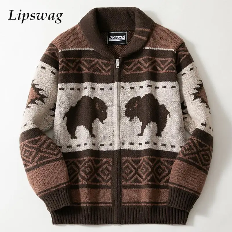 Trendy Mens Sweatercoats Turn-down Collar Zipper Long Sleeve Knitted Coats For Men Fall Winter Vintage Crochet Knitted Cardigans