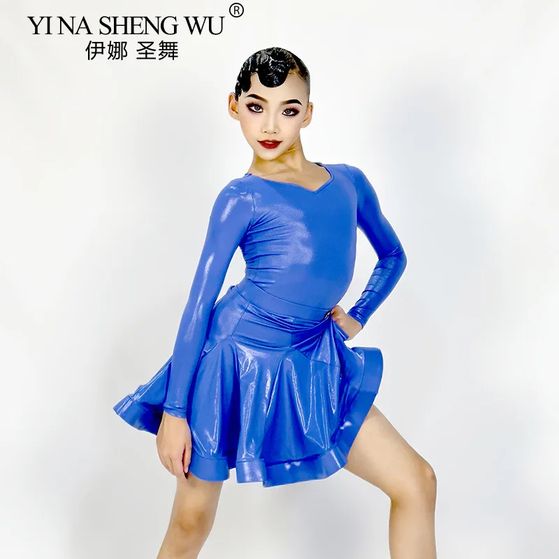 Nuovo vestito da ballo latino per ragazze in pelle brillante a maniche lunghe diviso Set per bambini Costume da ballo latino professionale Cha-cha