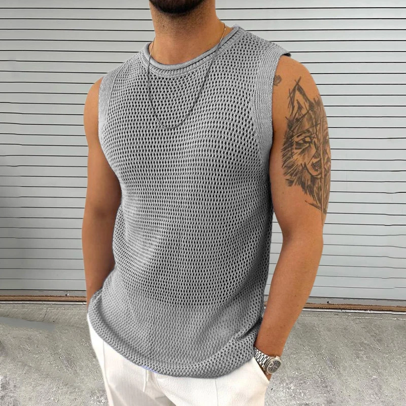 Leisure Solid Color Hollow Out Mens Knit Camisoles Summer Casual O Neck Sleeveless T Shirt Men Fashion Slim Knitting Tank Tops