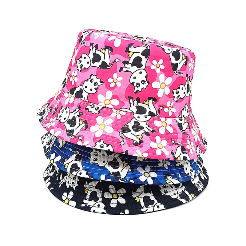 Bocca Cartoon Children Bucket Hat Cow Printing Fisherman Hats Boys Girls Kids Cap Double Sides Reversible 54cm Summer Sunscreen