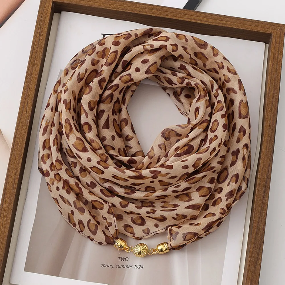 Versatile Soft Magnetic Buckle Scarf Magnetic Snap Thin Leopard Print Square Scarf Adjustable Korean Style Neck Warmer Commuting