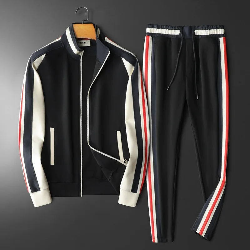 Minglu Sport Casual Set da uomo Colletto alla coreana Cerniera Colore a contrasto Felpe maschili Primavera Autunno Elastico in vita Uomo Pantaloni sportivi
