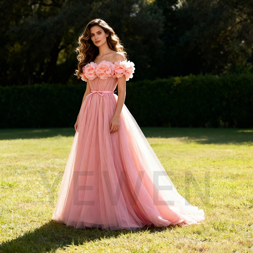 فستان زفاف من التول الخوخي لالتقاط الصور، فساتين سهرة أنيقة فاخرة بدون أكتاف، فساتين حفلة موسيقية للمناسبات الخاصة