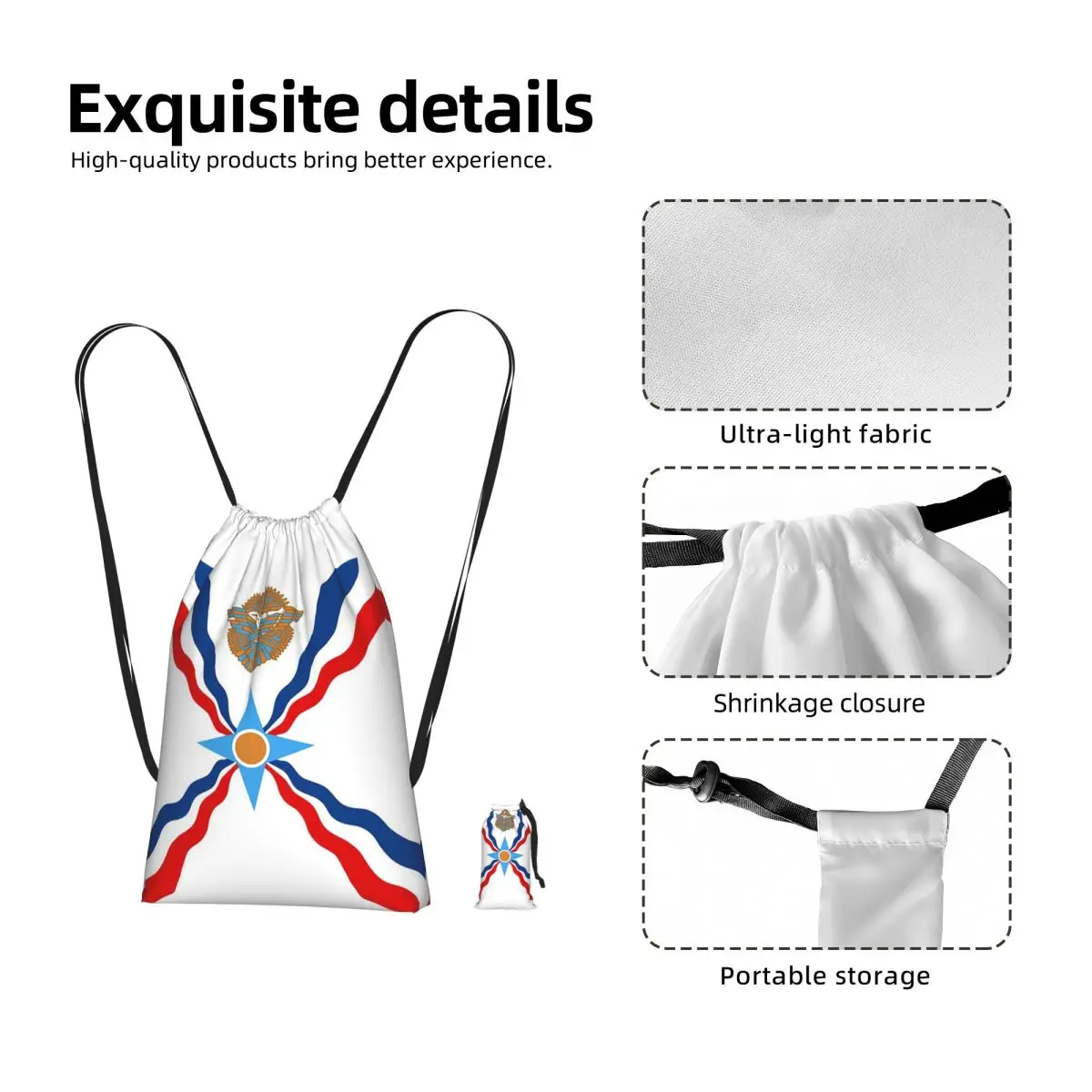 Assyrian Suryoyo Flag Drawstring Backpack hiking cycling Bag Lightweight Foldable Storage Drawstring Bag for Men Women