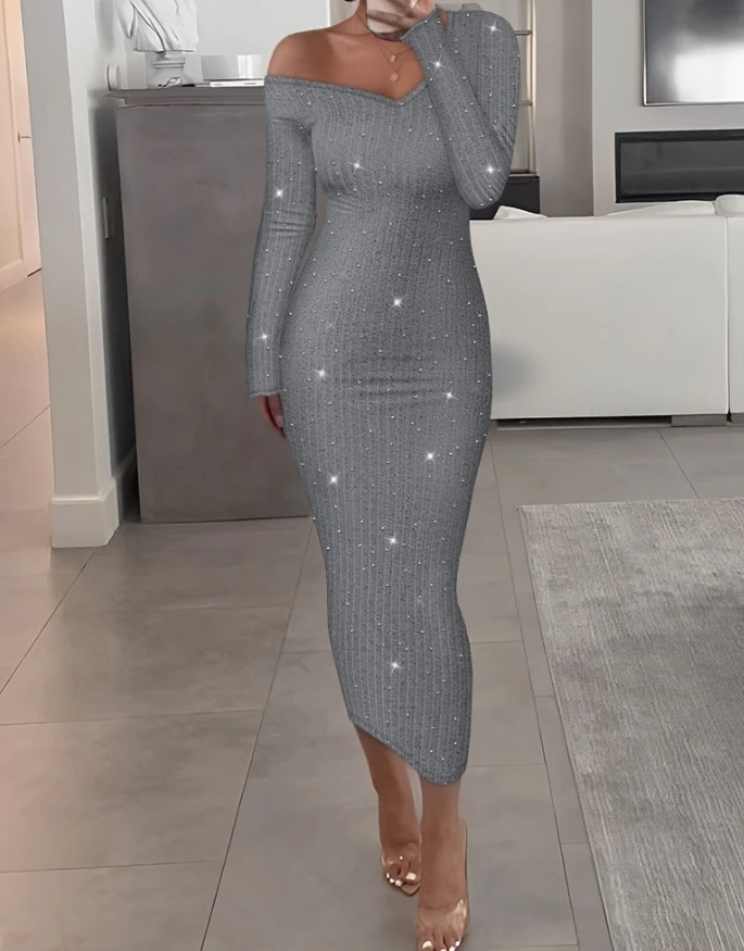 

Womens Dresses 2024 Spring Fashion V-Neck Long Sleeve Rhinestone Decor Ribbed Sexy Plain Bodycon Daily Mid-Calf Dress