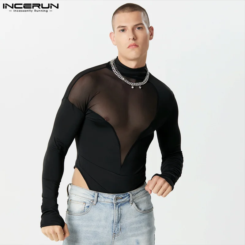 

Men Bodysuits Mesh Patchwork Transparent Turtleneck Long Sleeve Rompers Men Streetwear 2023 Sexy Fashion Bodysuit S-5XL INCERUN