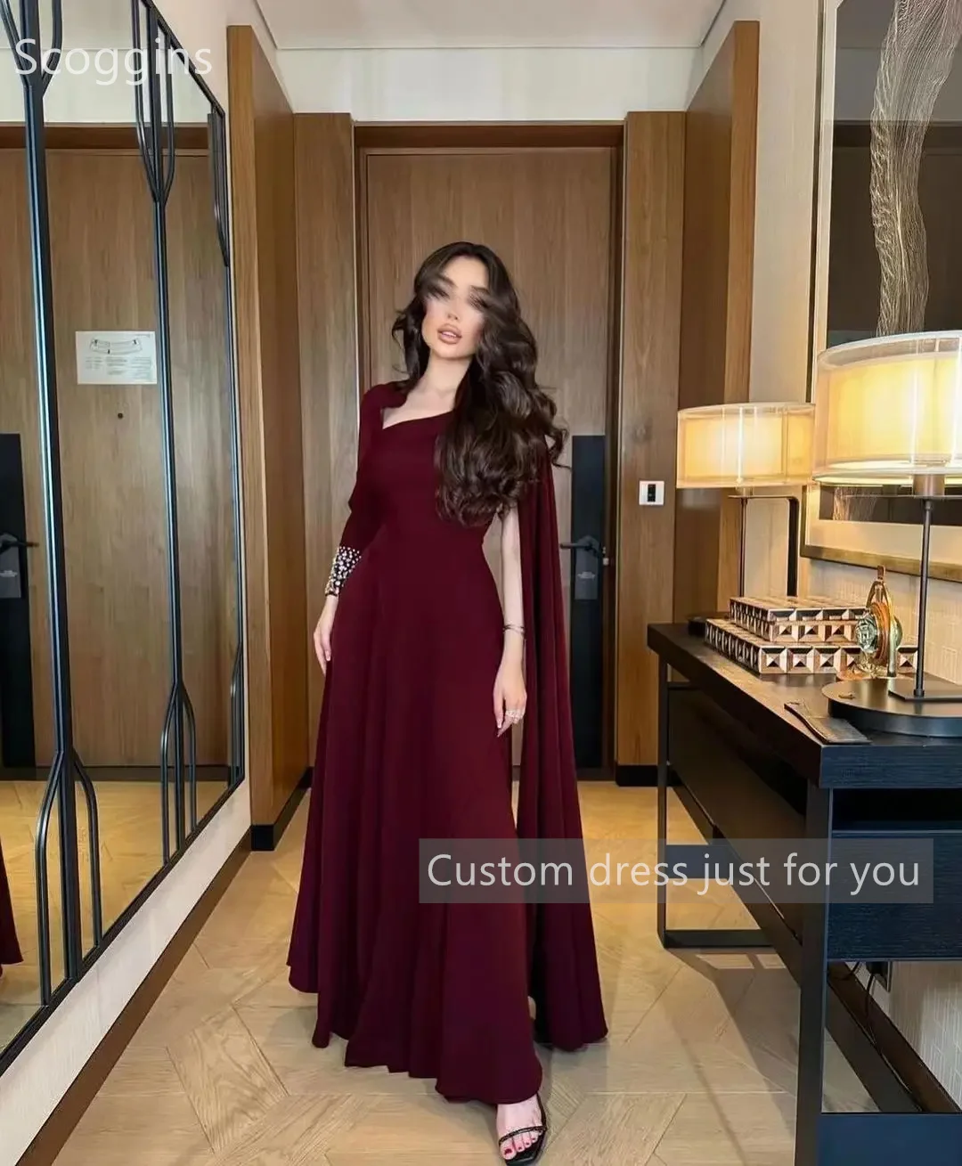 Scoggins  فساتين سهرة Customize Evening Dress Luxury A-Line Beadings Floor-Length Zipper Up Long Sleeves Wedding Dress Cocktail