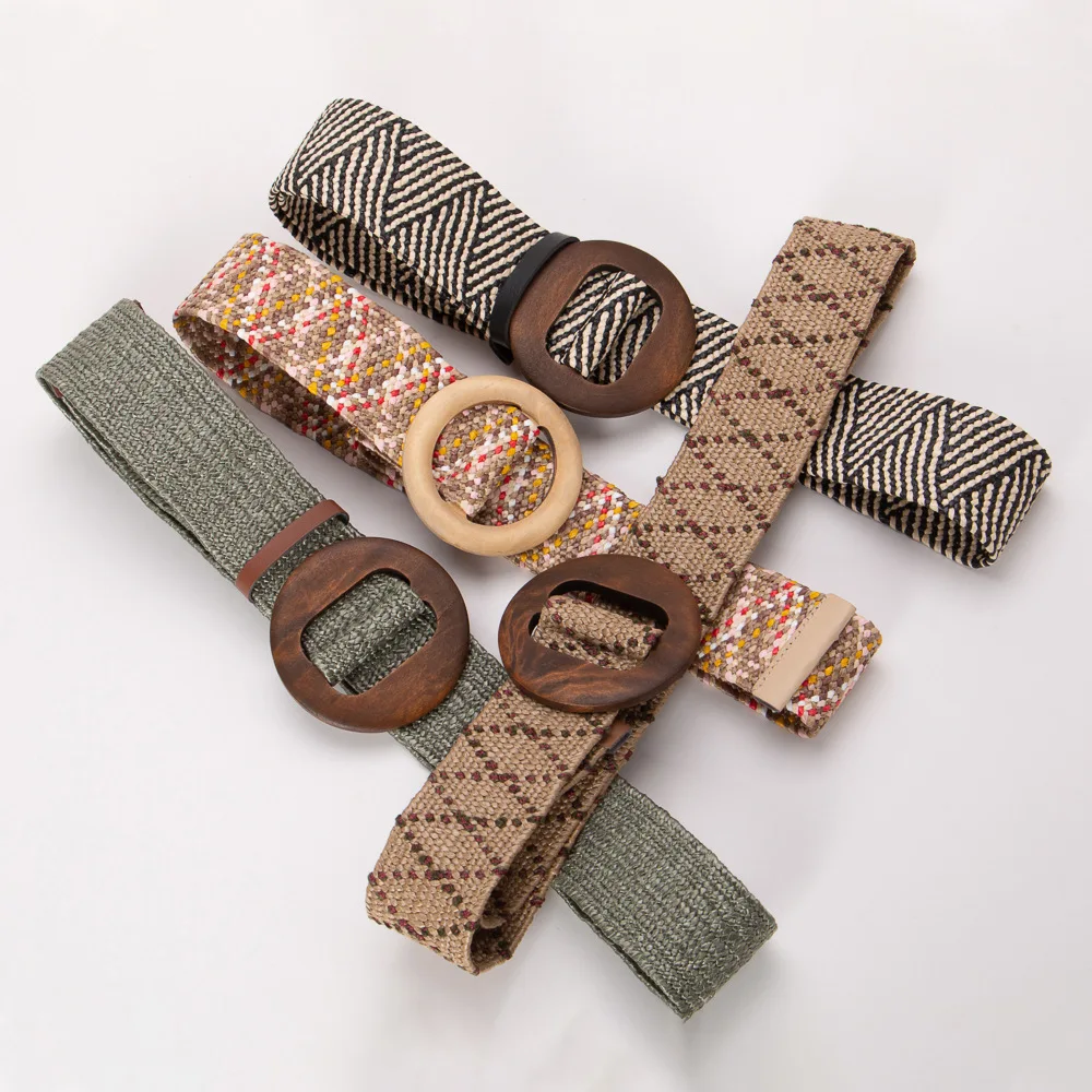 

Wooden Buckle Jade Clasp Dress Belt for Women Casual Female Braided Wide Strap Female Designer Woven Girls Elastic PP Straw Belt