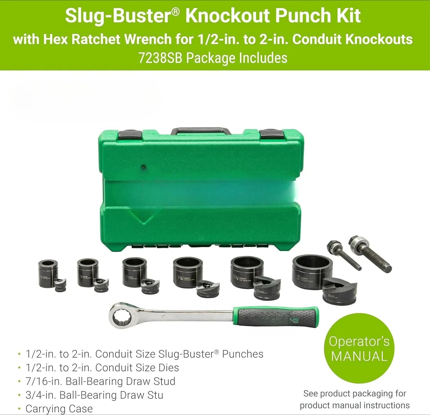 

7238SB Punch Kit with Hex Ratchet Wrench, 1/2" to 2" Punches, and 7/16" and 3/4" Draw Studs, Electrical Conduit Hole Cutter Kit
