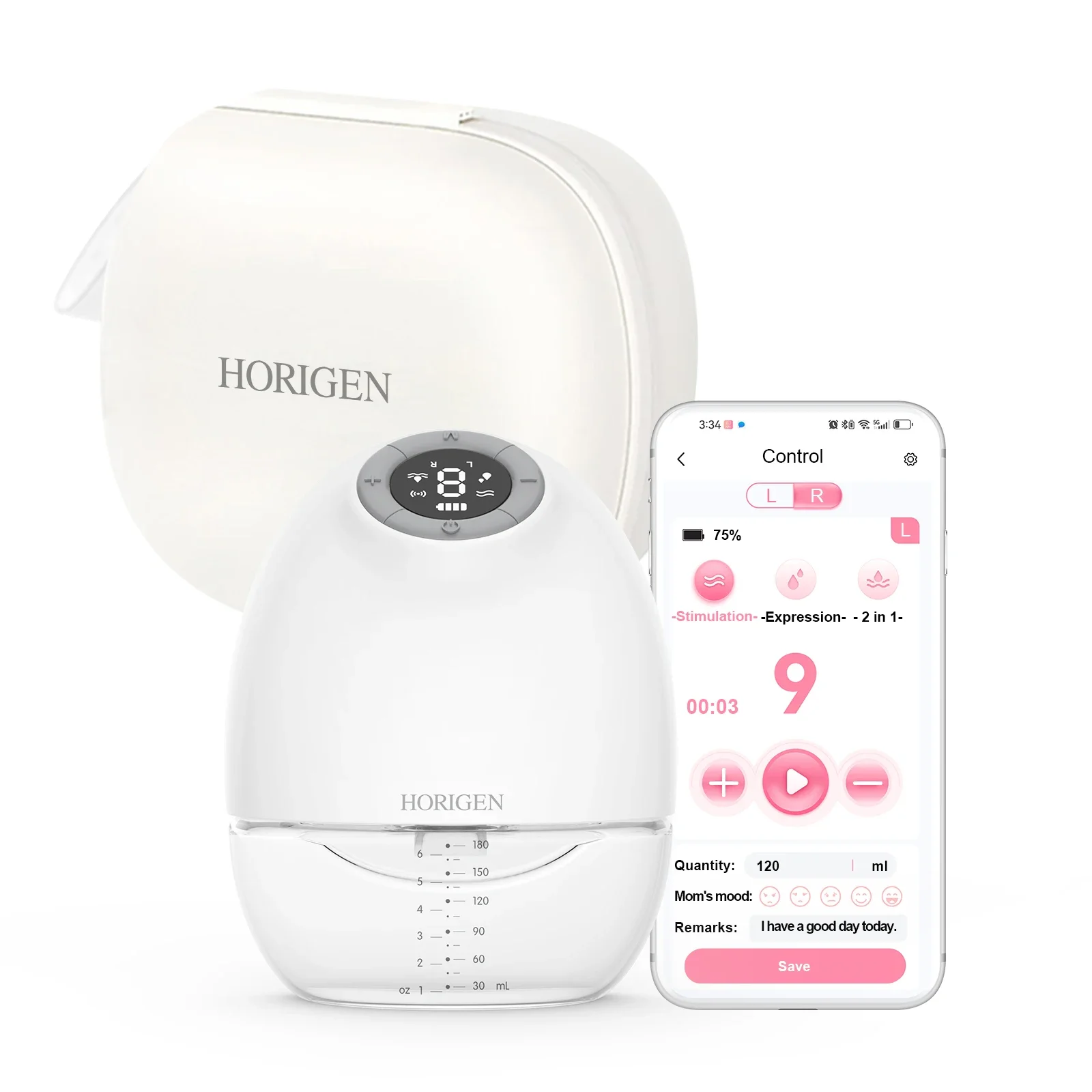 

HORIGEN support mobile phone App function Milk volume record portable noiseless hands free electric wearable breast pump