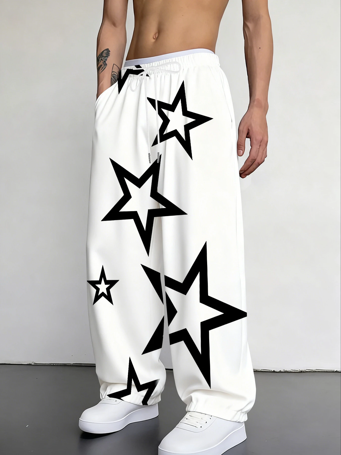 3D Fashionable White Star Pattern Men's Quick Drying Fabric Minimalist Aesthetic Loose Pants, Suitable for All Seasons
