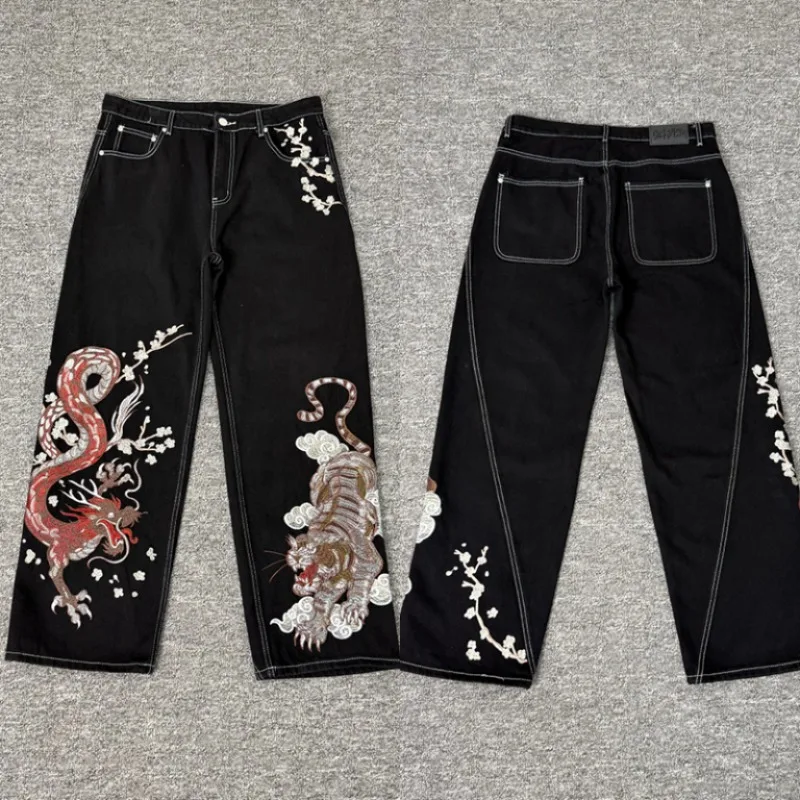 New DERSCHUTZE Men Jeans, Heavy 3D Dragon Tiger Floral Embroidery Black Contrast Stitch Loose Straight Floor Pants