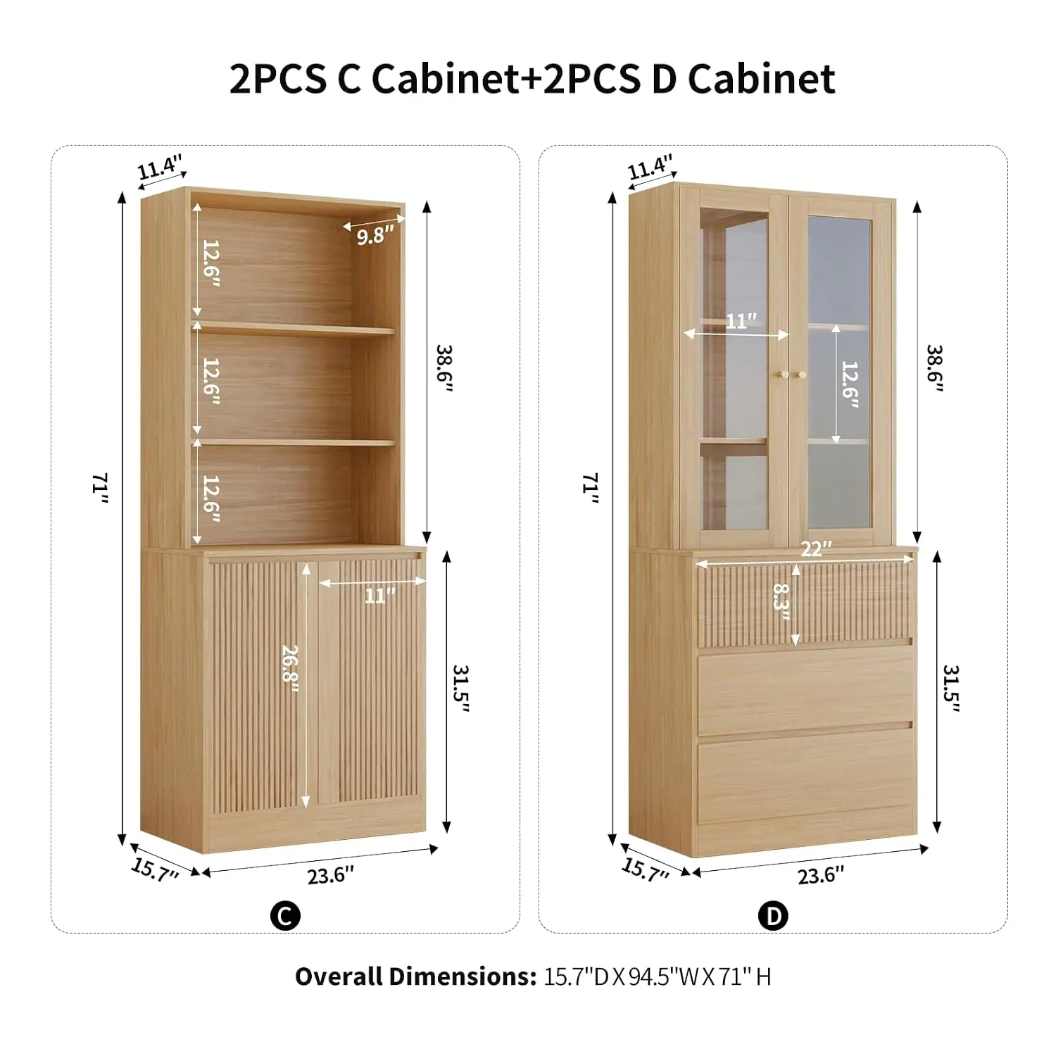 5-Tier Bookshelf & Display Cabinet With 3 Drawers, Tall Storage for Kitchen Living Room Office, 4PCS, Customized
