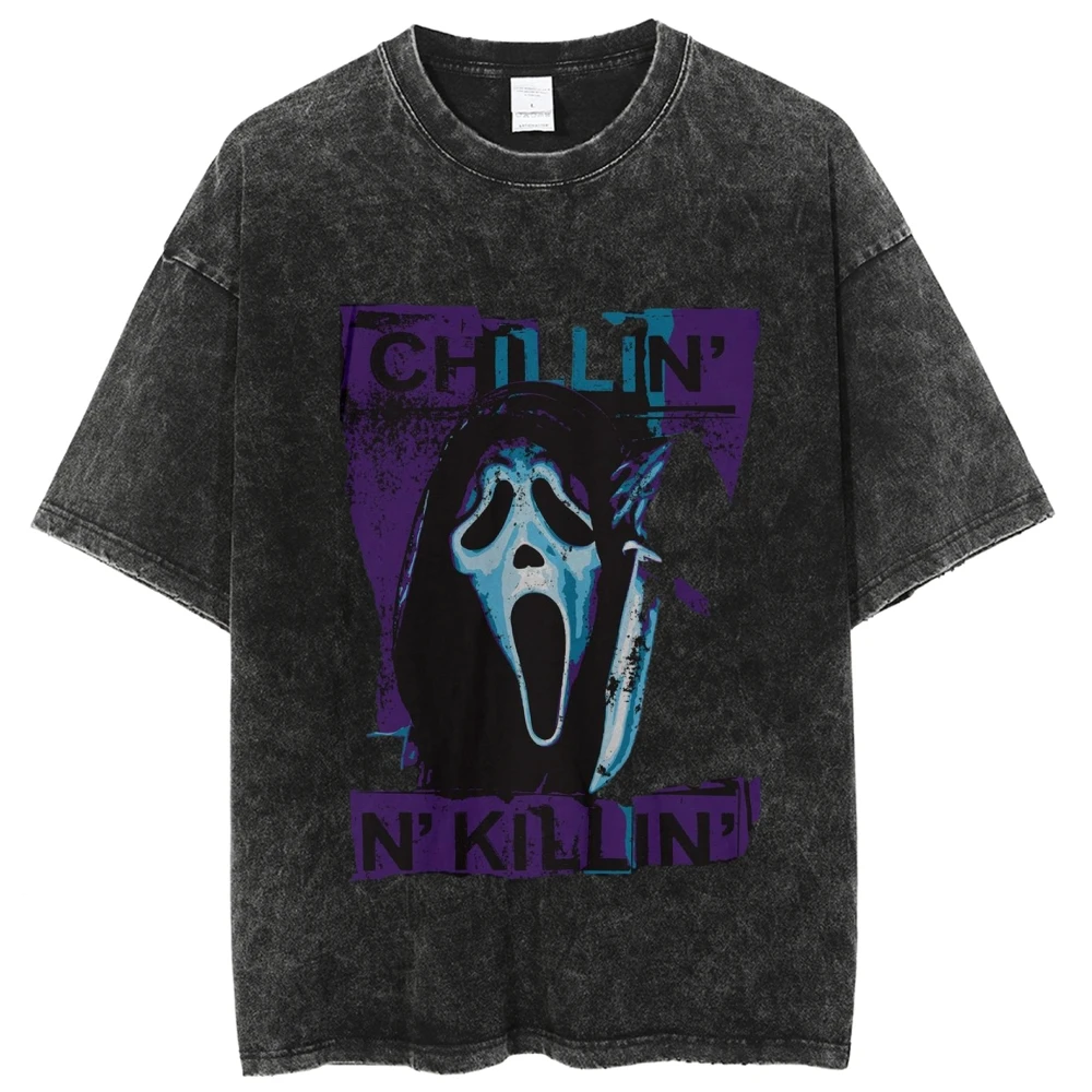 Horror Contrasting Color Skull Print T-Shirt Japanese Style Round Neck Retro Washed Denim Casual Trend New Short Sleeves