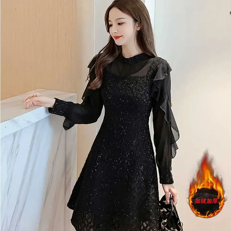 Topenomi Autumn Winter Dress Women Sequins Ruffles Mesh Long Sleeve Waist Slim A Line Party Dresess Elegant Fashion Vestidos